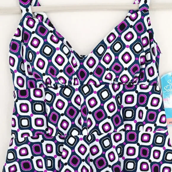 Swim Solutions Women Purple Tiered Tummy Control One-Piece Swimsuit Size US 8 - Picture 4 of 9